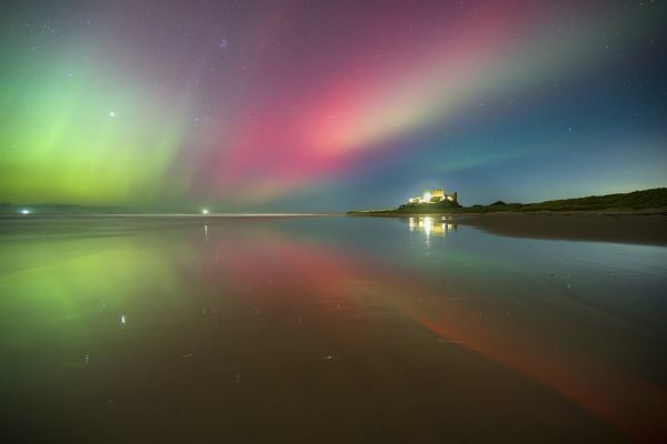 Northern lights, Bamburgh Castle, Northumberland