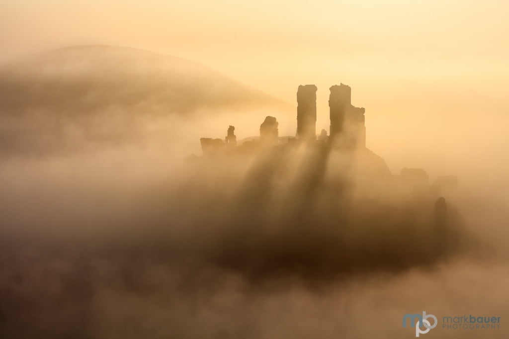 Mark Bauer Photography | Corfe Castle, Silhouetted in Golden Mist